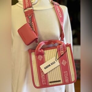 Steve Madden bwebber Straw Satchel Crossbody Bag NEW Pink Raspberry